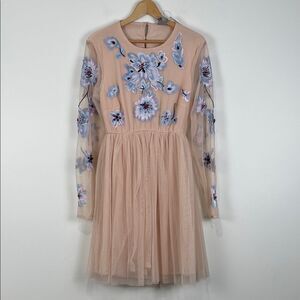 NWT ASOS Maternity Dress Size 8 Pink Embroidery Beaded Flowers Open Back Tulle